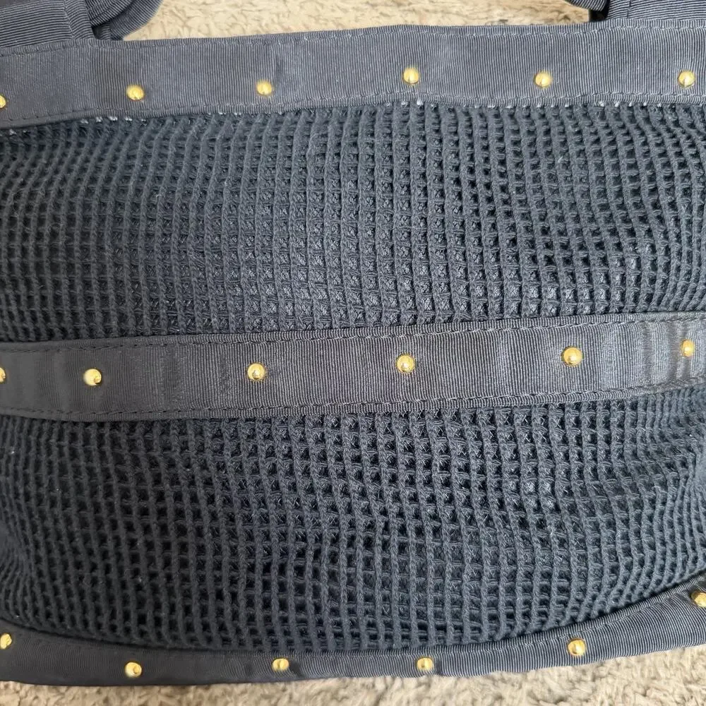 Japanese Black Nylon Open Weave Satchel Top Handle Gold Studded Made in Japan